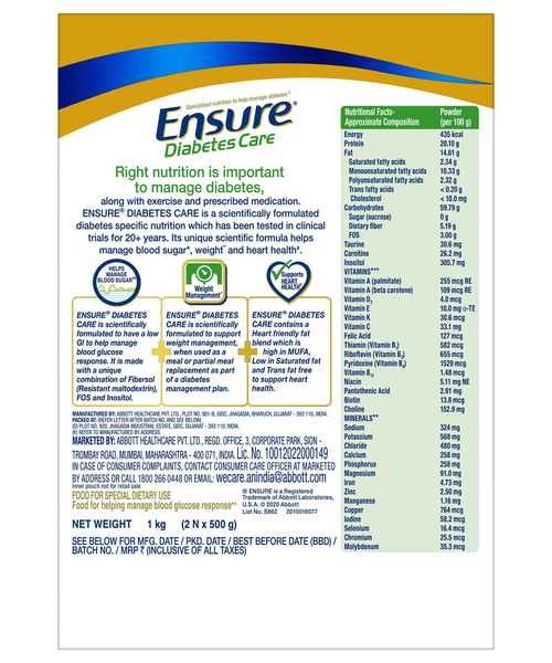 ENSURE DIABETIC CARE VANILLA 1KG BIB ( ENSURE ) Buy ENSURE MedPlusMart