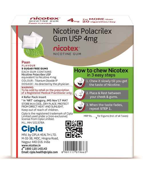 NICOTEX 4MG CHEWING GUM PAAN FLAOUR SF TAB ( NICOTEX ) - Buy NICOTEX 4