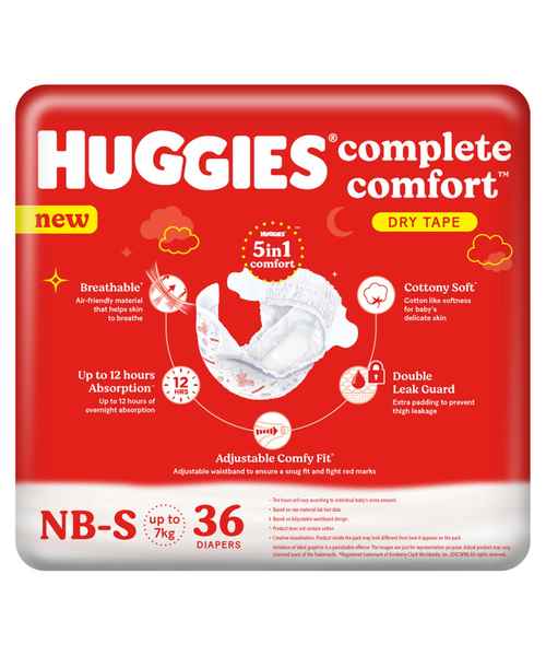 Buy HUGGIES COMPLETE COMFORT DRY TAPE DIAPERS NB S 36S Online at best