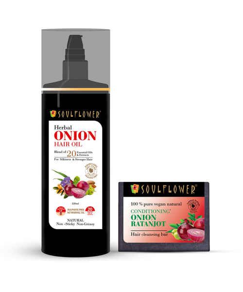 SOULFLOWER ONION HAIR OIL 220ML & ONION RATANJOT HAIR CLEANSING BAR 150GM COMBO PACK